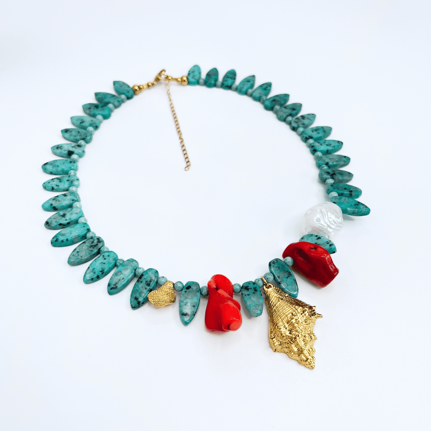 Souljewls “Coral Espíritu” Necklace – Kiwi Jasper, Red Coral & Mabe Shell Pearl