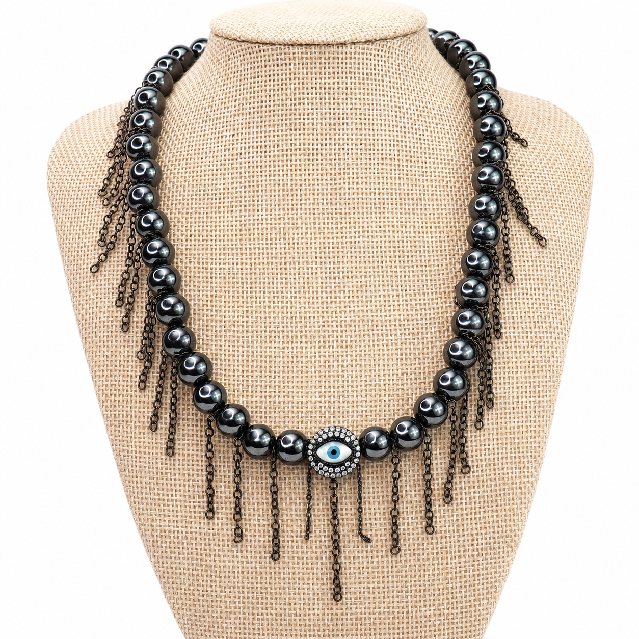 Evil Eye Hematite Fringe Statement Necklace