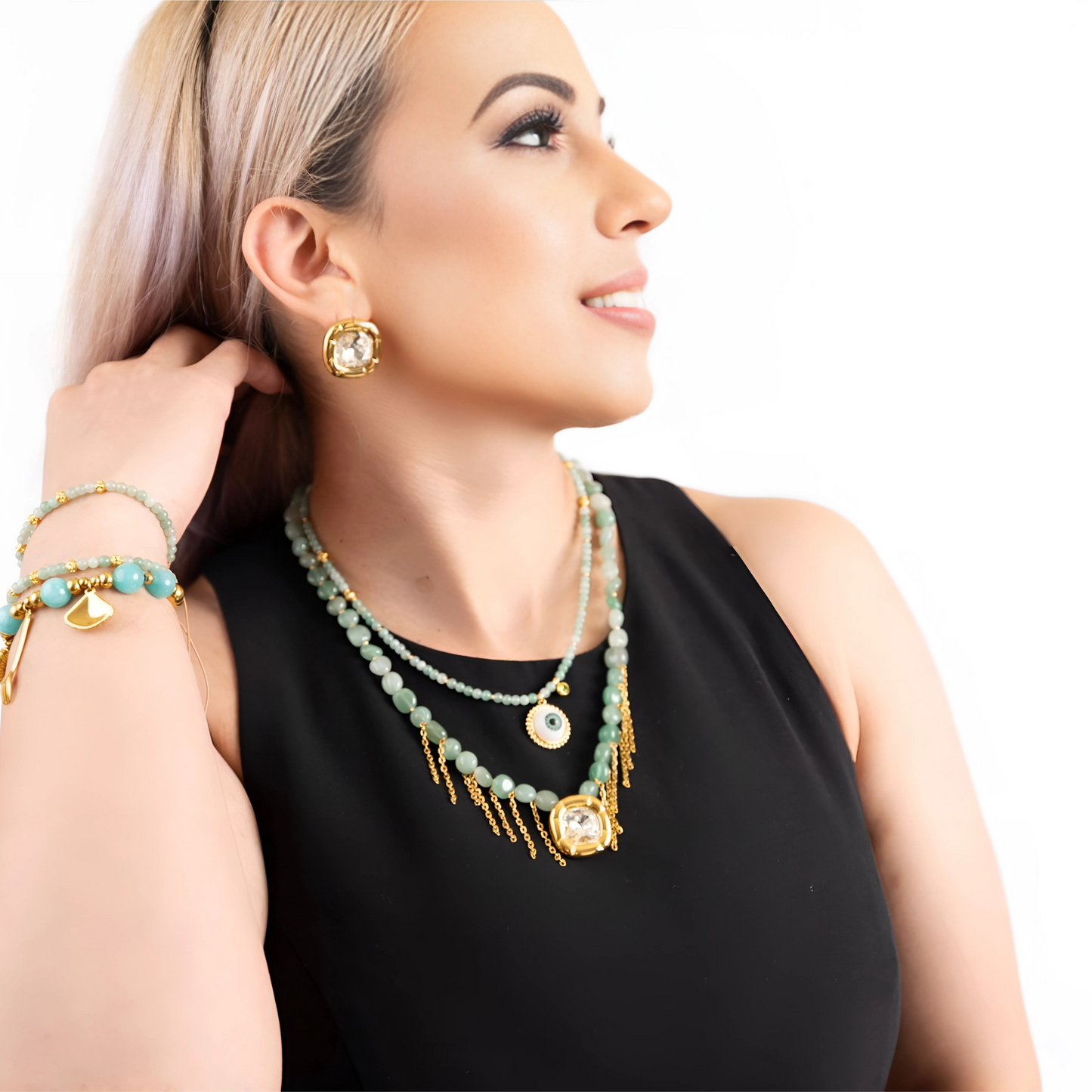 Souljewls Enchanted Aura Necklace – Green Aventurine, Draping Chains & Zirconia Charm