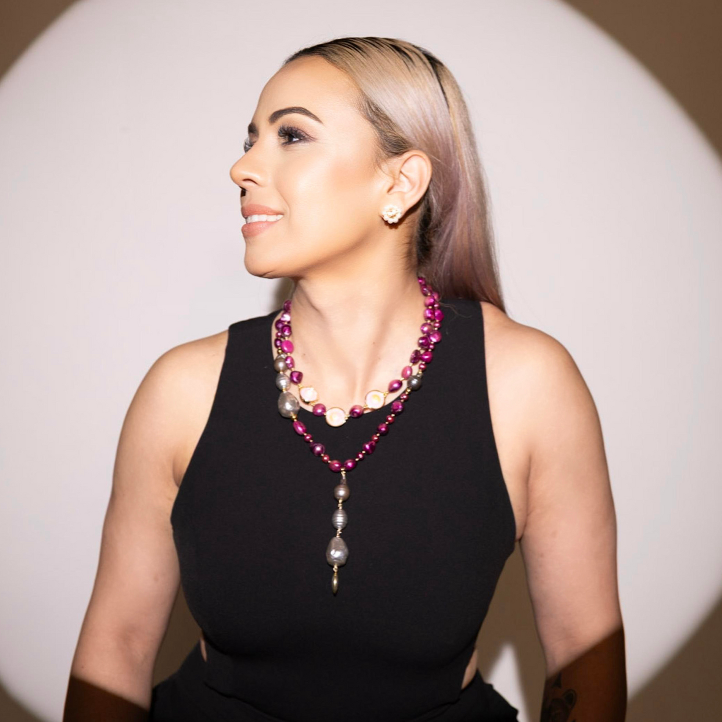 Souljewls Twilight Bloom Necklace – Magenta & Grey Mabe Shell Pearls