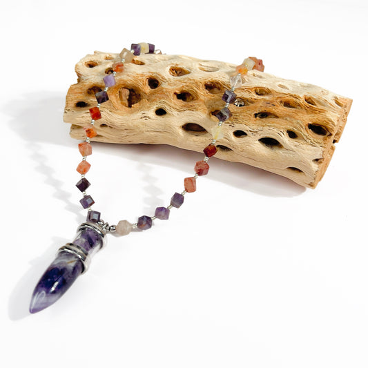 Multicolor Fluorite Necklace with Amethyst Point Pendant