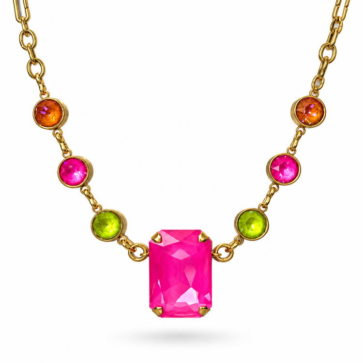 Neon Soul Necklace with a pink rectangular center crystal and orange, pink, and lime round crystals on a white background