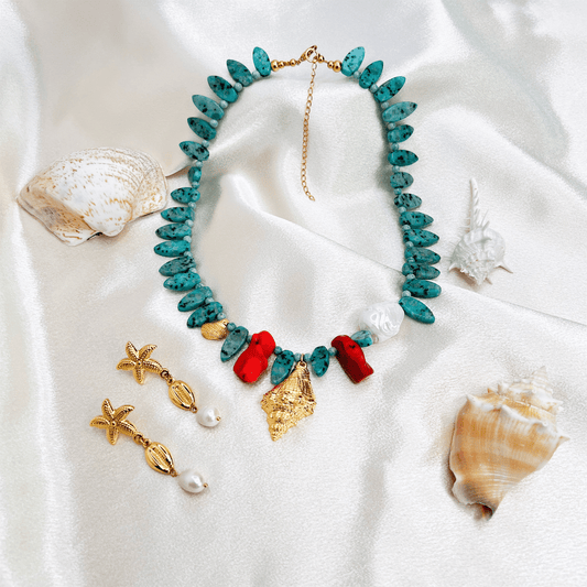 Souljewls “Coral Espíritu” Necklace – Kiwi Jasper, Red Coral & Mabe Shell Pearl