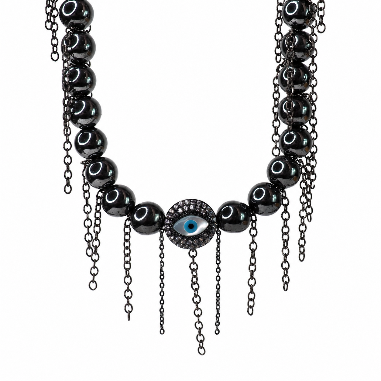 Evil Eye Hematite Fringe Statement Necklace