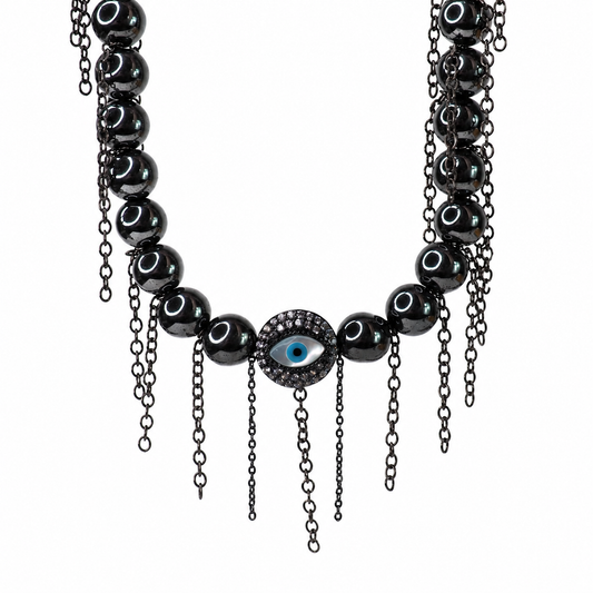 Evil Eye Hematite Fringe Statement Necklace
