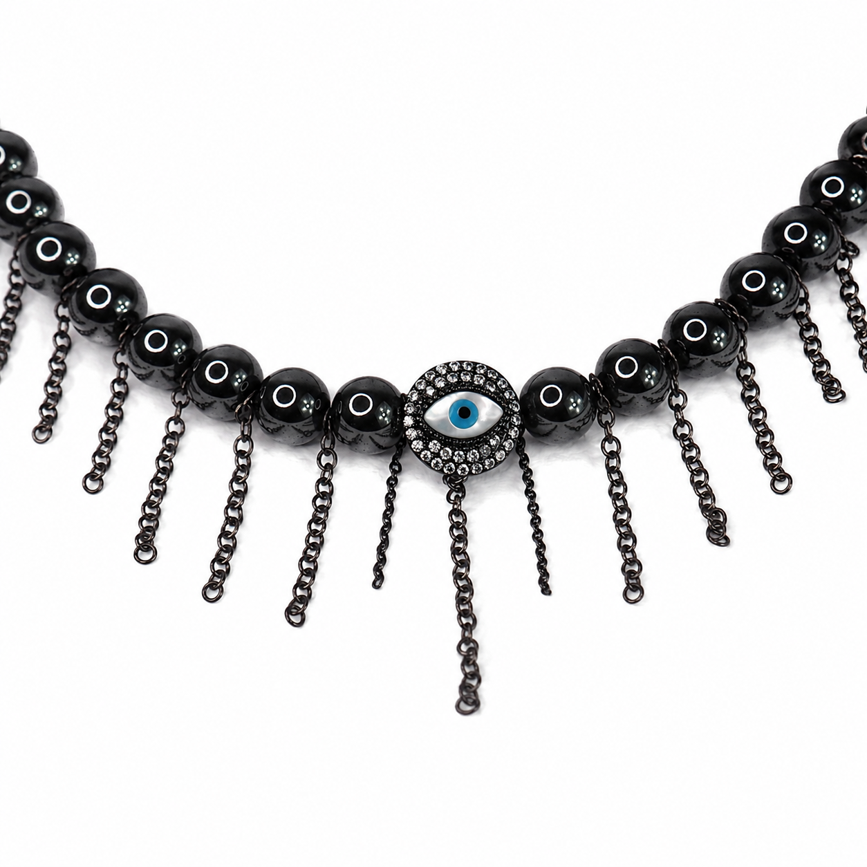 Evil Eye Hematite Fringe Statement Necklace