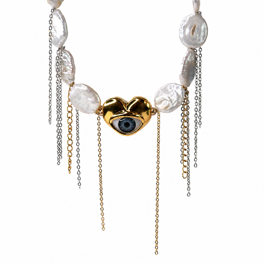 Sacred Heart Evil Eye Baroque Pearl Necklace