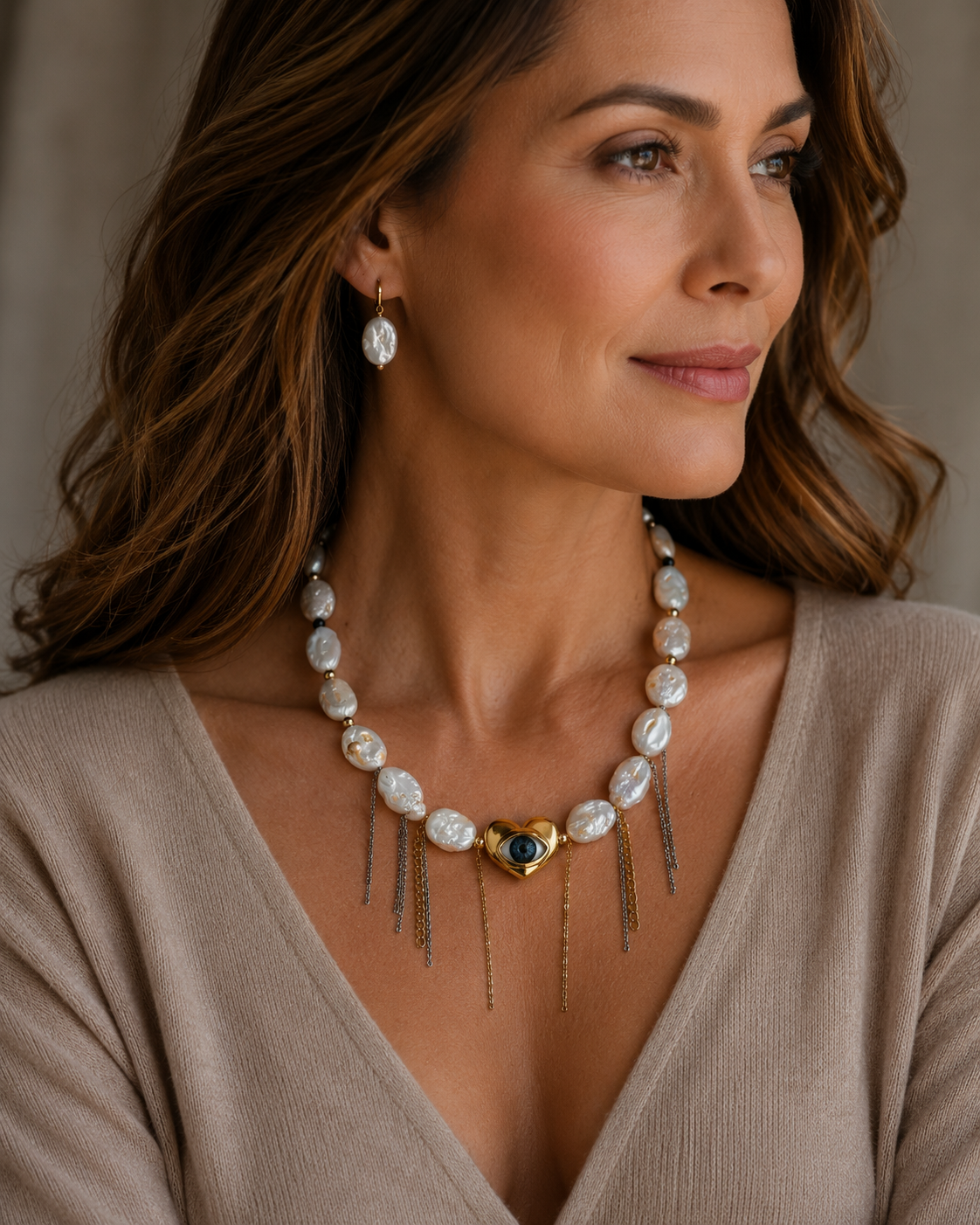 Sacred Heart Evil Eye Baroque Pearl Necklace
