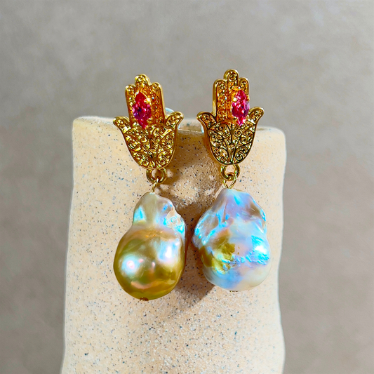 Souljewls “Sacred Shield” Pearl & Hamsa Earrings