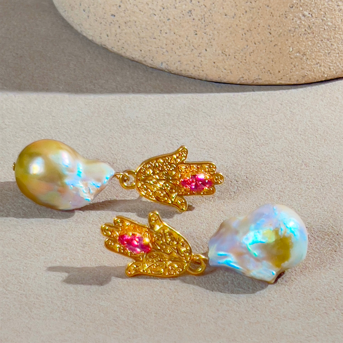 Souljewls “Sacred Shield” Pearl & Hamsa Earrings