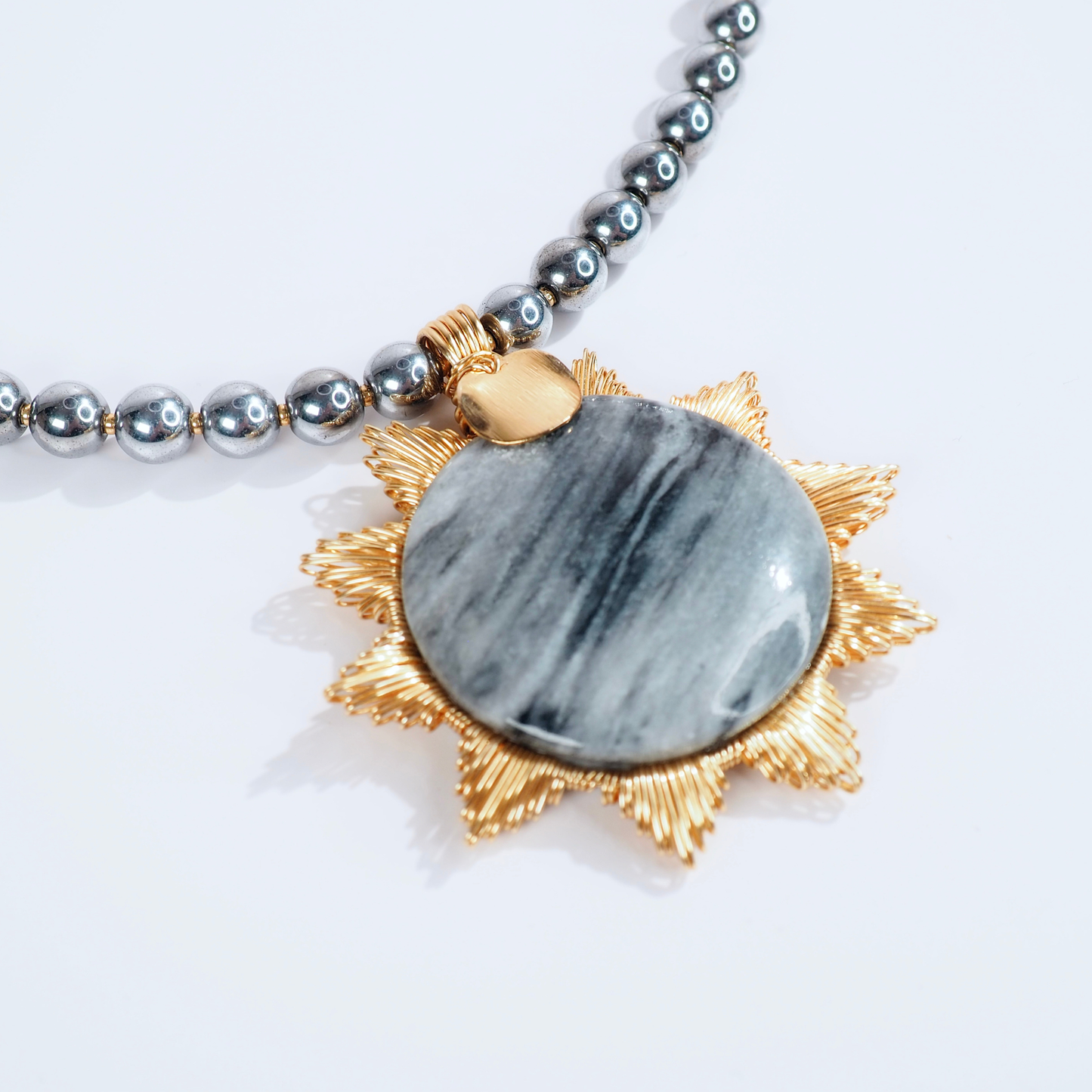 SoulJewls “Sol de Acero” Necklace — Zebra Jasper & Silver Hematite Beads