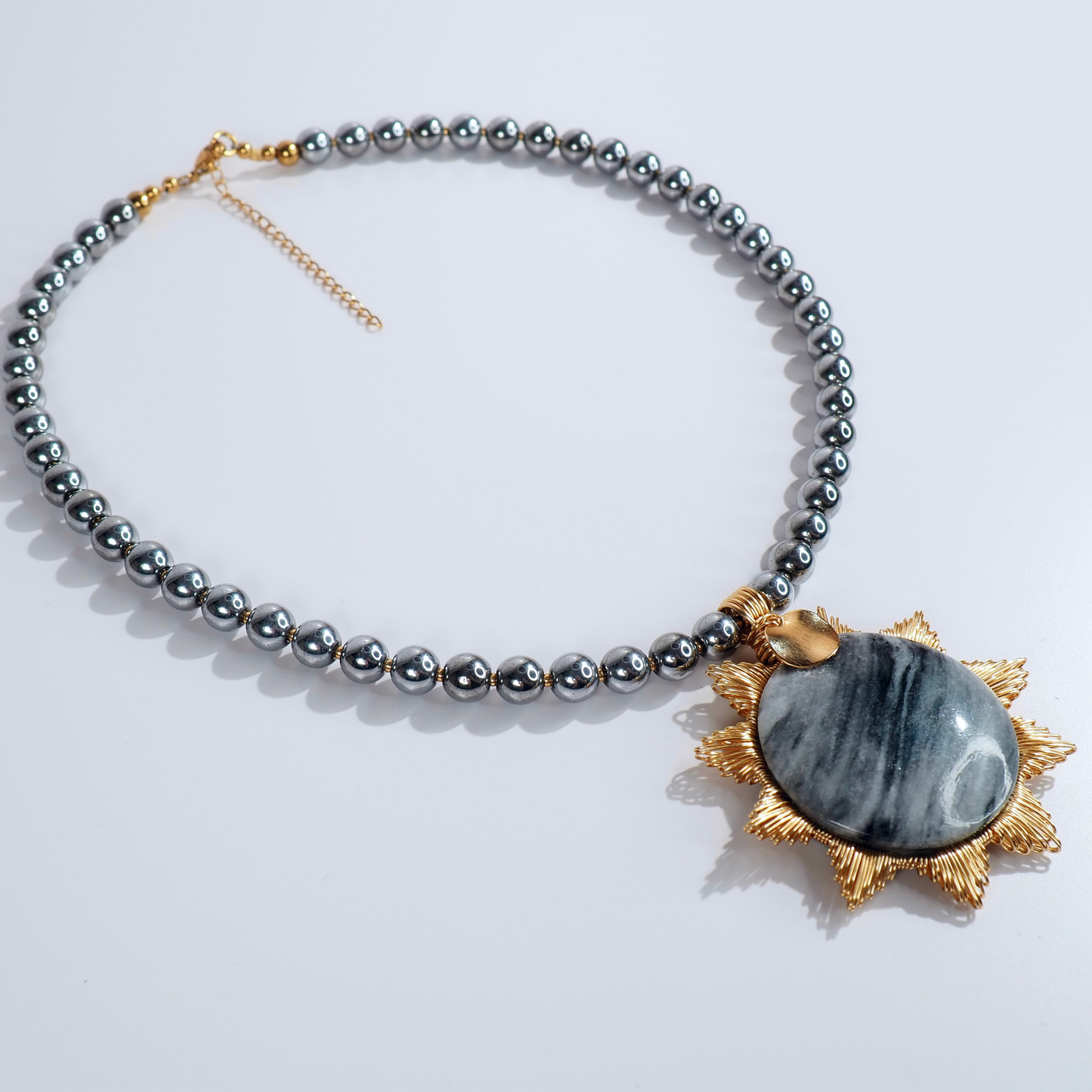 SoulJewls “Sol de Acero” Necklace — Zebra Jasper & Silver Hematite Beads