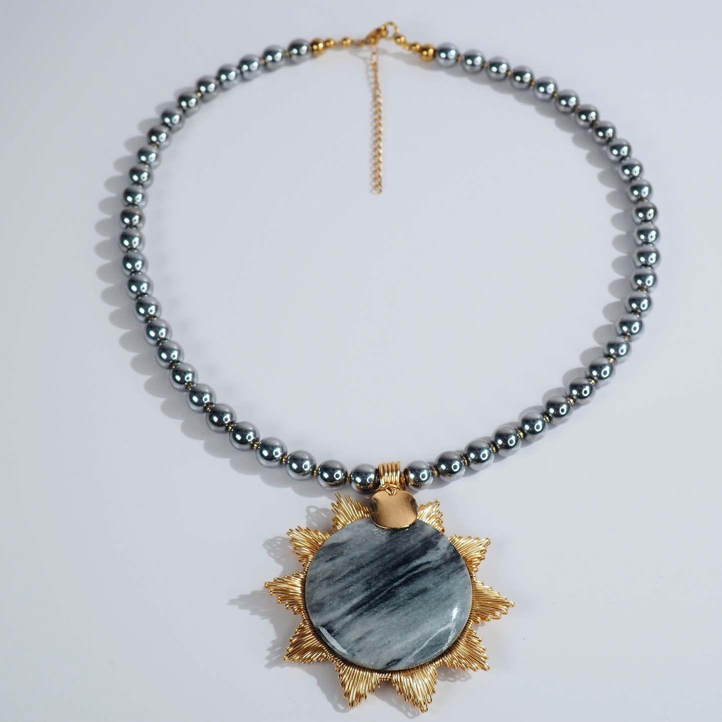 SoulJewls “Sol de Acero” Necklace — Zebra Jasper & Silver Hematite Beads