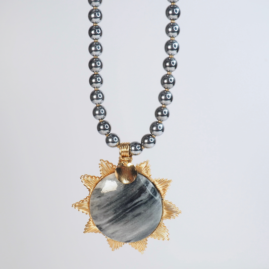 SoulJewls “Sol de Acero” Necklace — Zebra Jasper & Silver Hematite Beads