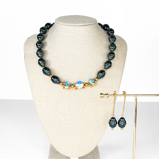 Lumina Nocturne Pearl Jewelry Set – Charcoal Pearl Necklace & Earrings